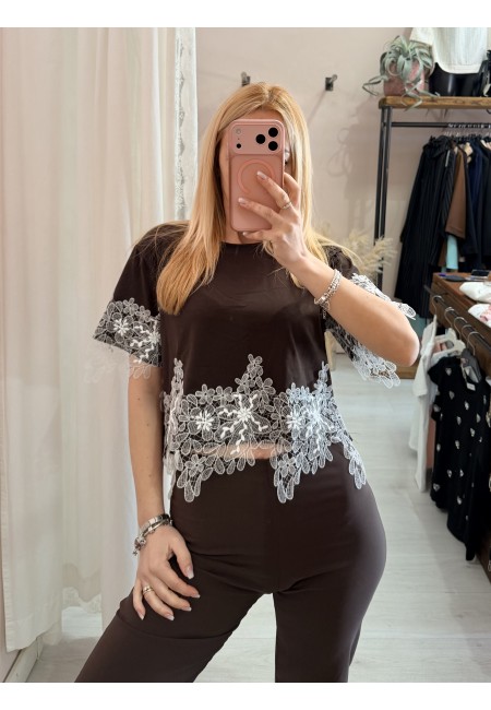 Maglia t shirt corta con pizzo marrone