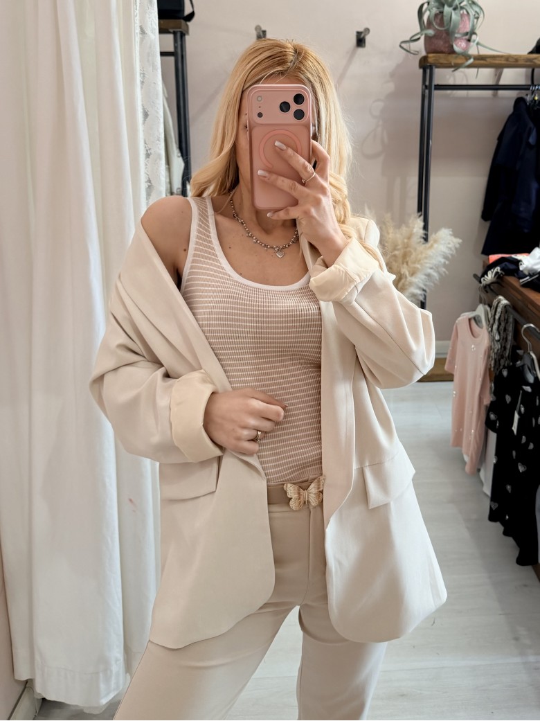 Maglia canotta a righe beige e bianca