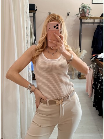 Maglia canotta a righe beige e bianca