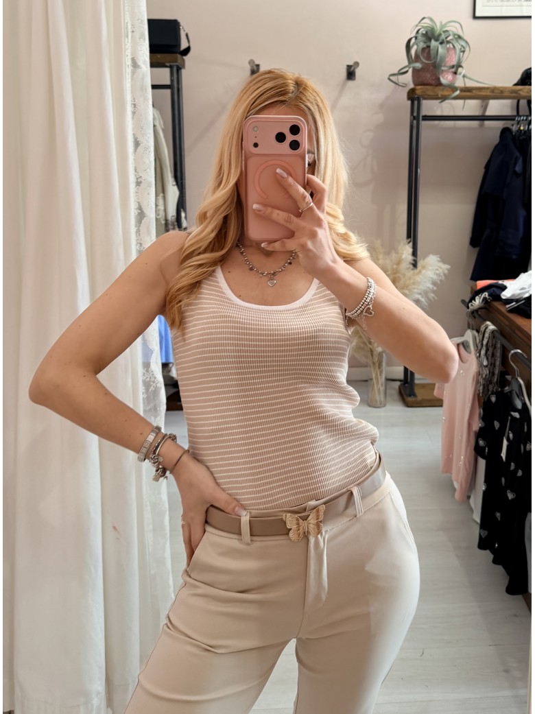 Maglia canotta a righe beige e bianca