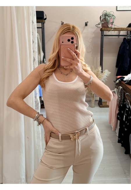 Maglia canotta a righe beige e bianca