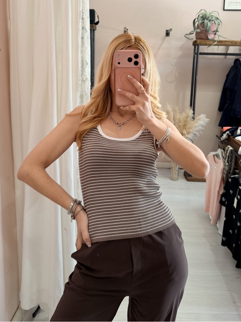 Maglia canotta a righe marrone e bianca