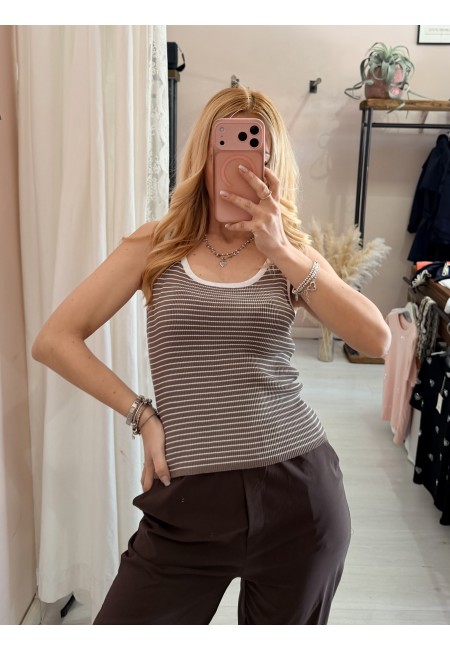 Maglia canotta a righe marrone e bianca