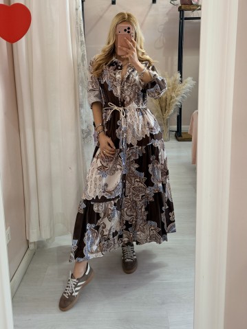 Vestito lungo chemisier fantasia sul marrone in cotone