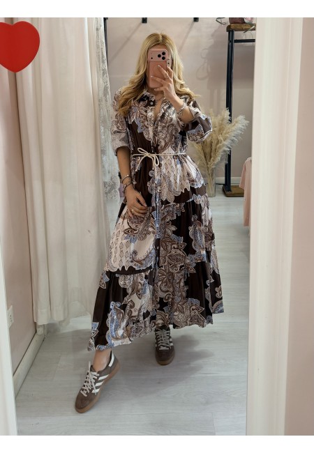 Vestito lungo chemisier fantasia sul marrone in cotone