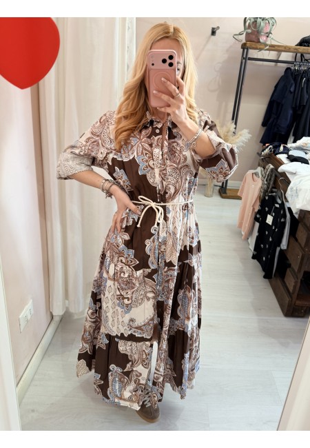 Vestito lungo chemisier fantasia sul marrone in cotone