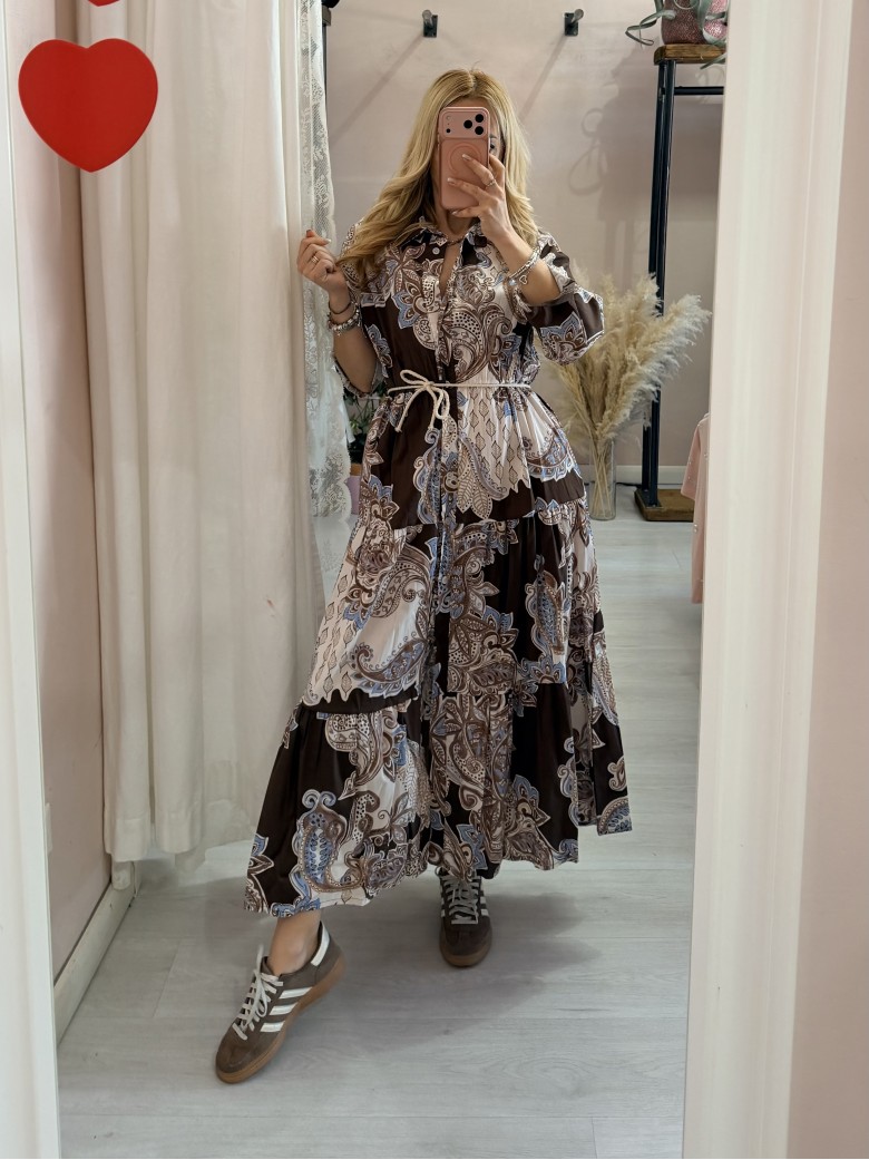 Vestito lungo chemisier fantasia sul marrone in...