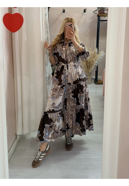 Vestito lungo chemisier fantasia sul marrone in cotone