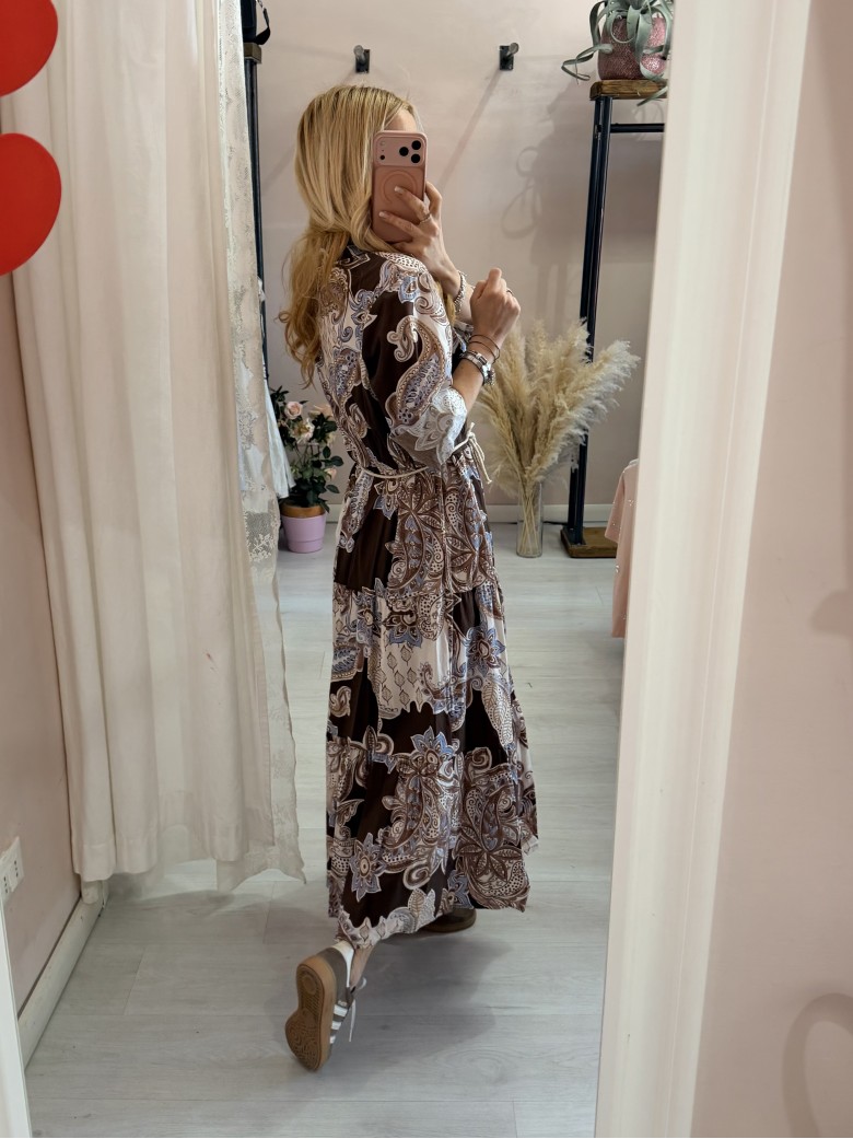 Vestito lungo chemisier fantasia sul marrone in...