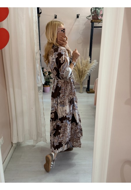 Vestito lungo chemisier fantasia sul marrone in cotone