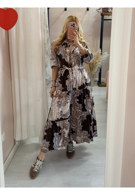 Vestito lungo chemisier fantasia sul marrone in cotone