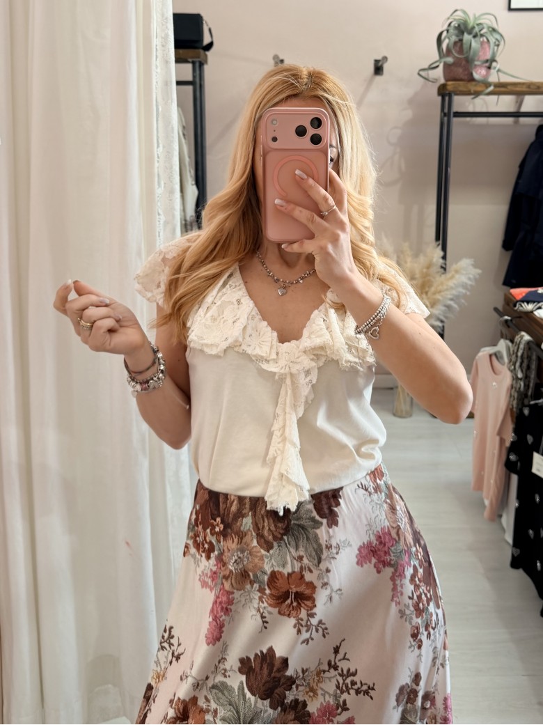 Maglia scollo con ruches in pizzo panna