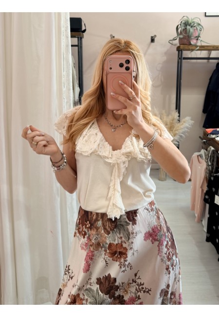 Maglia scollo con ruches in pizzo panna