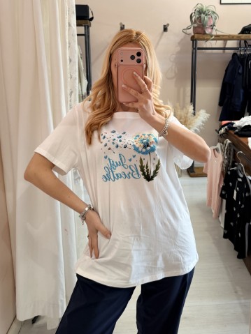 Maglia t shirt bianca soffioni blu
