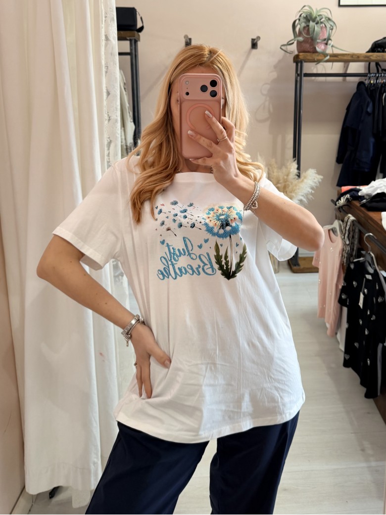 Maglia t shirt bianca soffioni blu