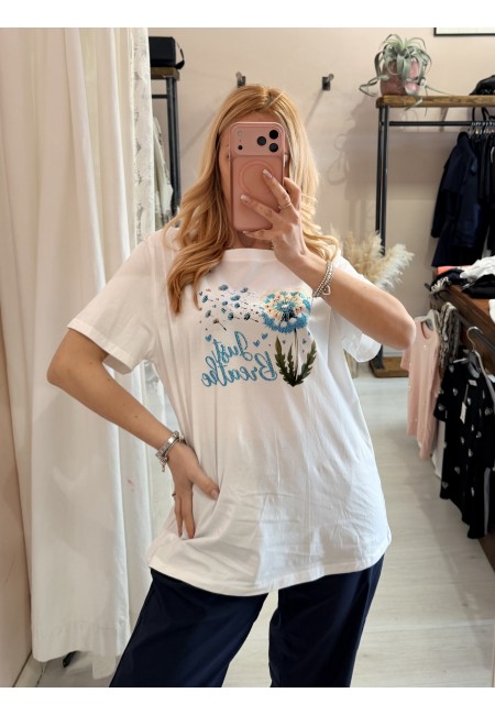 Maglia t shirt bianca soffioni blu
