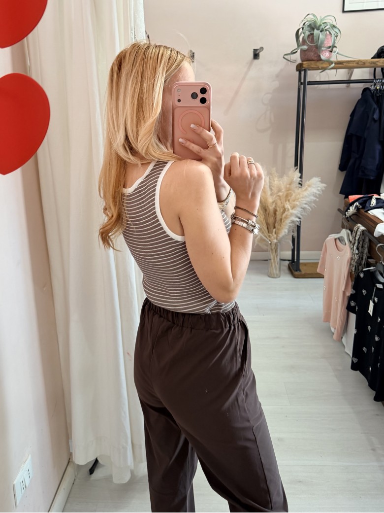 Maglia canotta a righe marrone e bianca