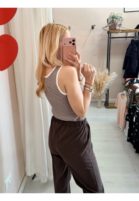 Maglia canotta a righe marrone e bianca