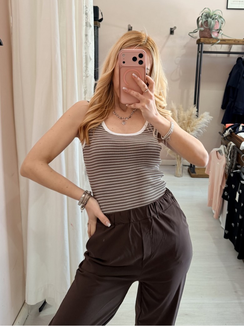 Maglia canotta a righe marrone e bianca