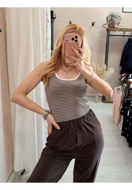 Maglia canotta a righe marrone e bianca