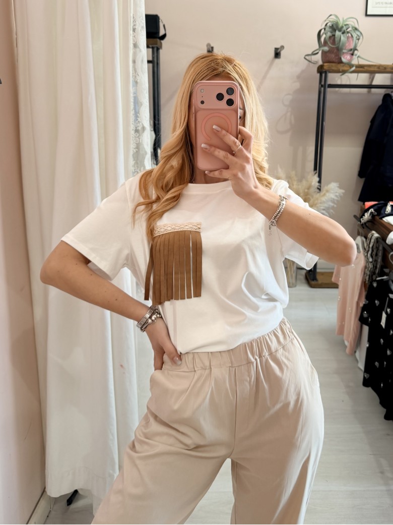 Maglia t shirt tasca con le frange