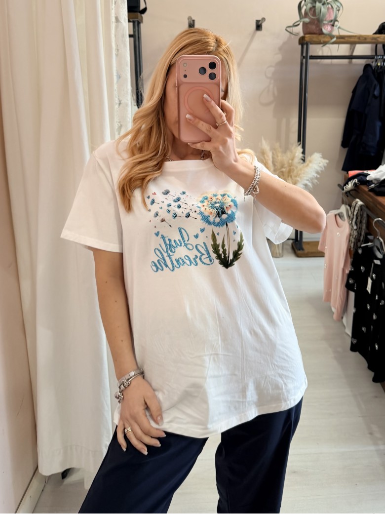 Maglia t shirt bianca soffioni blu