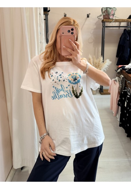 Maglia t shirt bianca soffioni blu