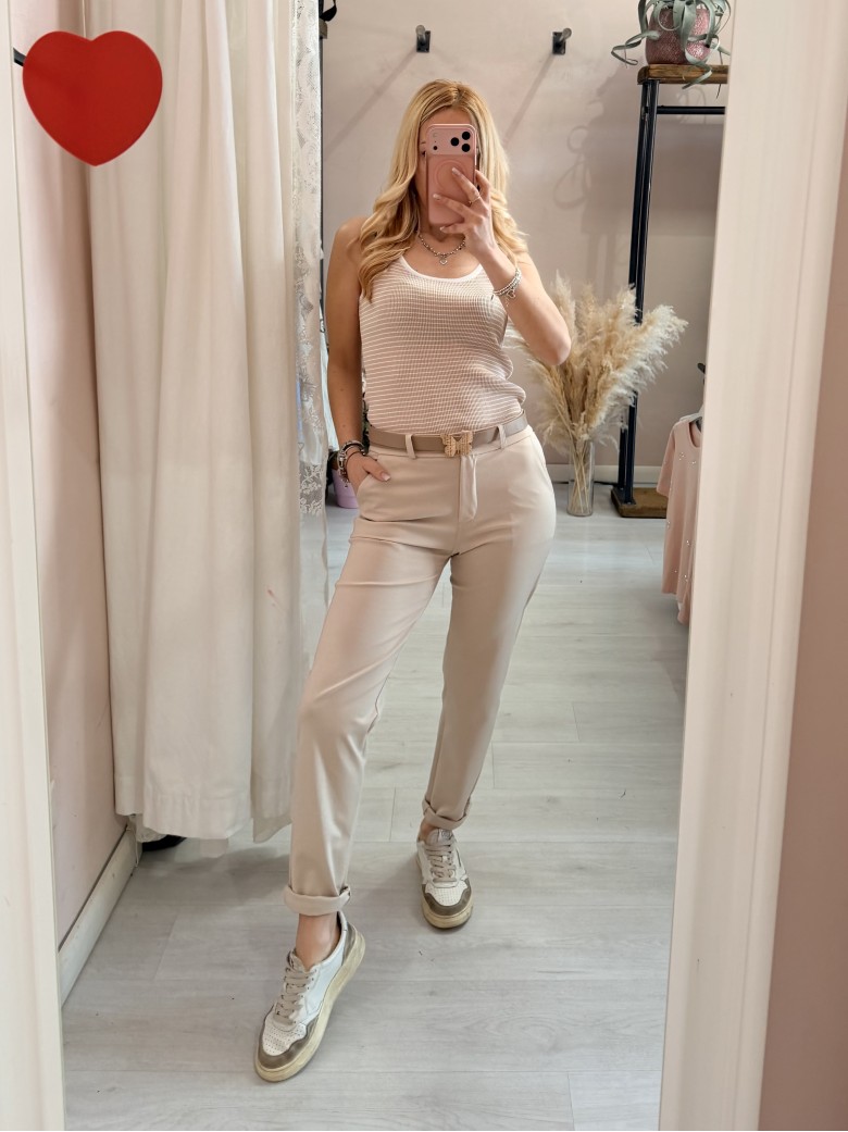 Maglia canotta a righe beige e bianca