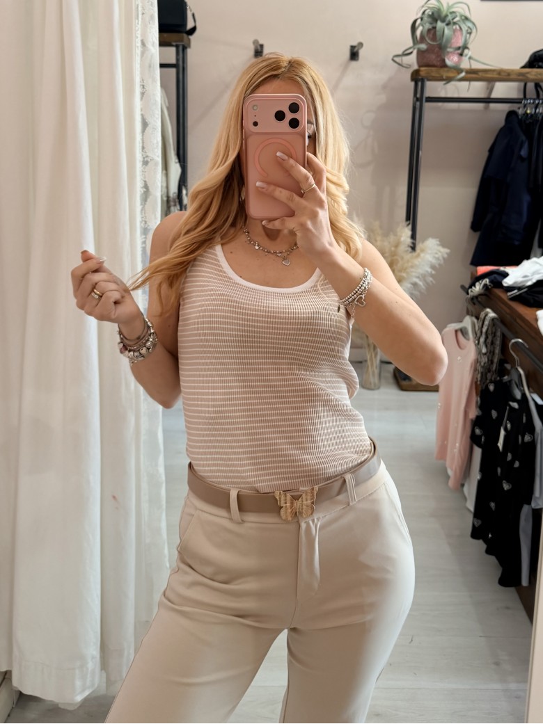 Maglia canotta a righe beige e bianca