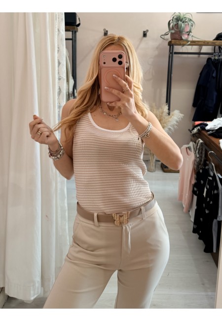 Maglia canotta a righe beige e bianca