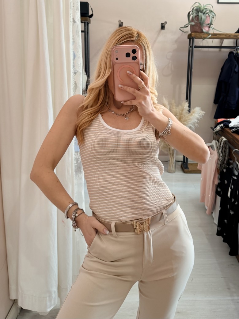 Maglia canotta a righe beige e bianca