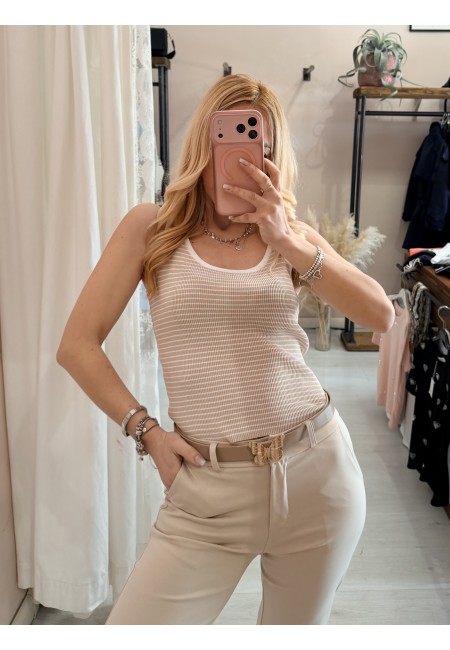 Maglia canotta a righe beige e bianca