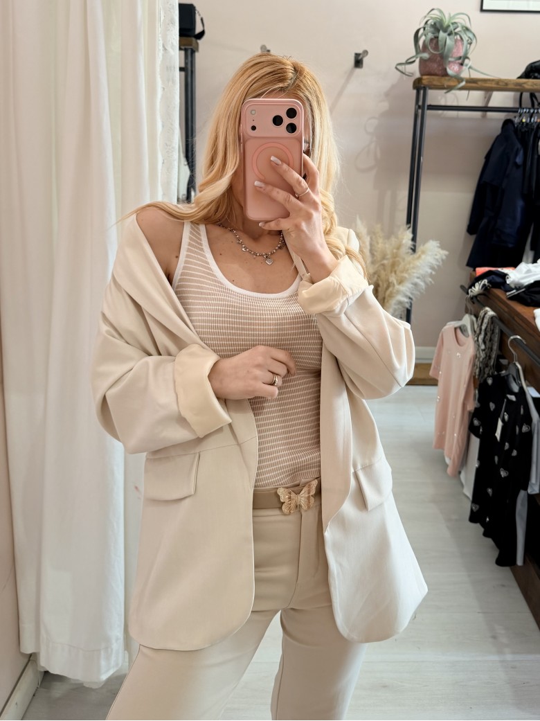 Maglia canotta a righe beige e bianca