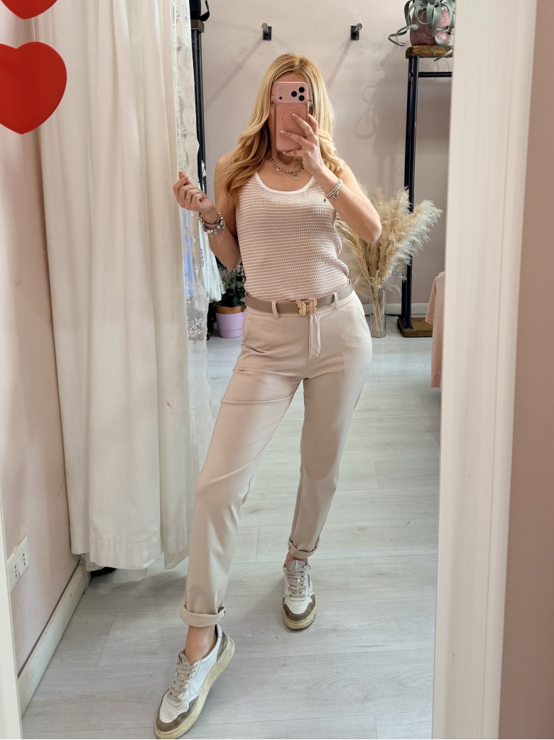 Maglia canotta a righe beige e bianca