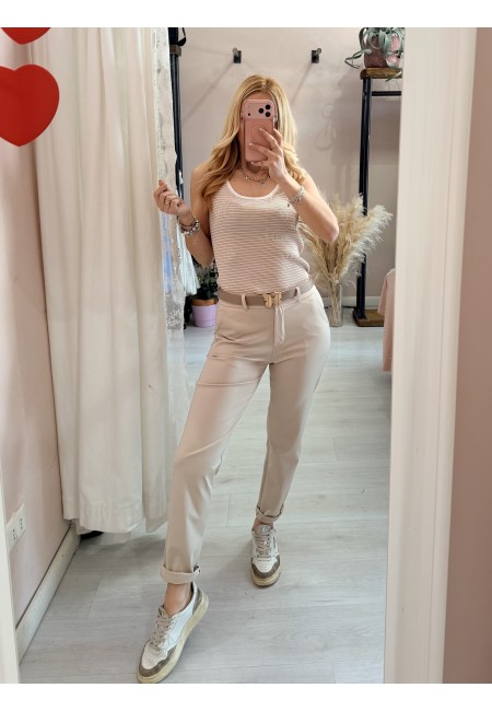 Maglia canotta a righe beige e bianca