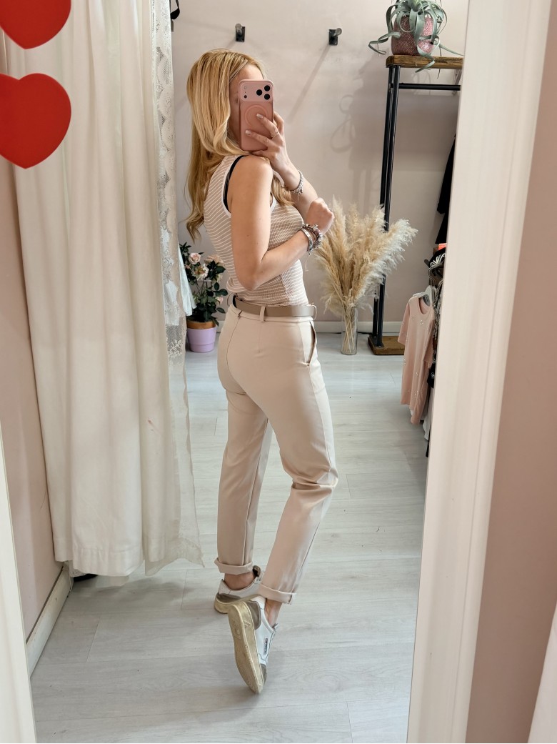 Maglia canotta a righe beige e bianca