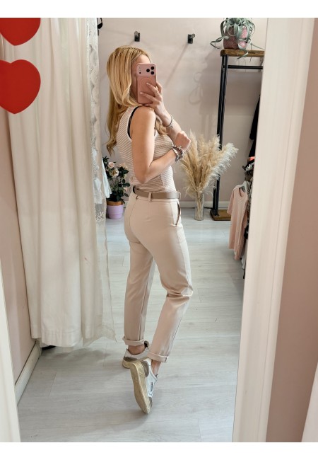 Maglia canotta a righe beige e bianca