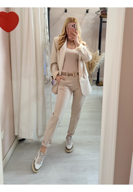 Maglia canotta a righe beige e bianca