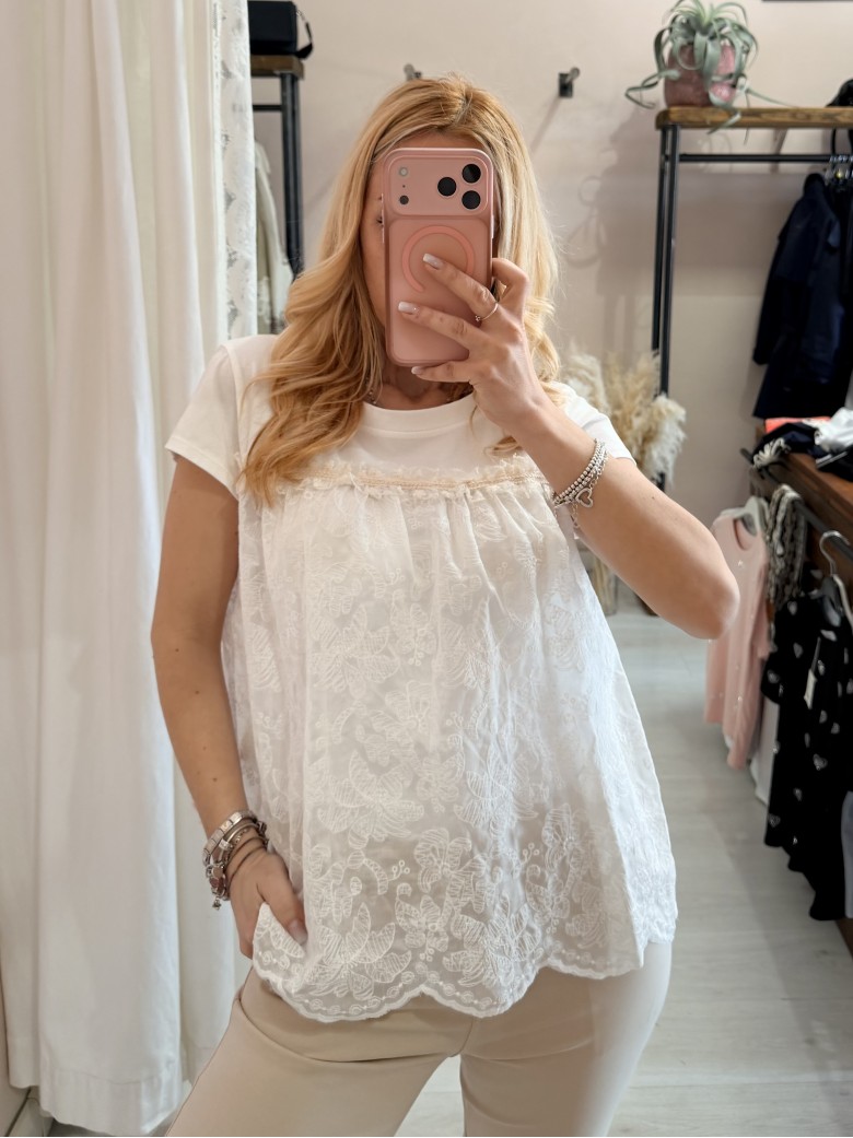 Maglia blusa boho chic ricamata bianca