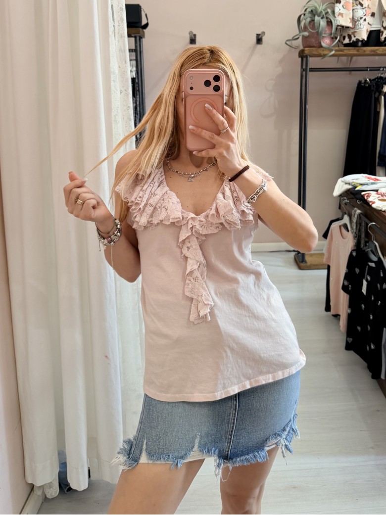 Maglia scollo con ruches in pizzo rosa