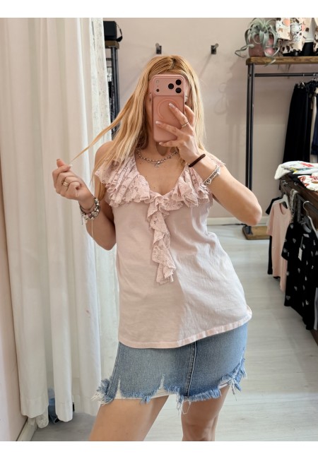 Maglia scollo con ruches in pizzo rosa