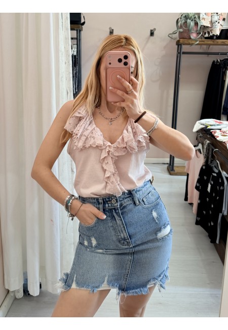 Maglia scollo con ruches in pizzo rosa