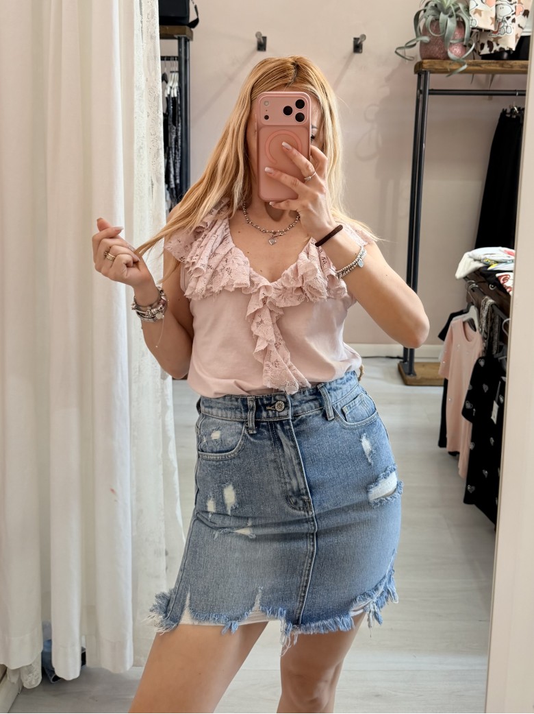 Maglia scollo con ruches in pizzo rosa