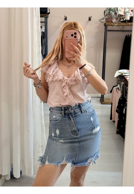 Maglia scollo con ruches in pizzo rosa