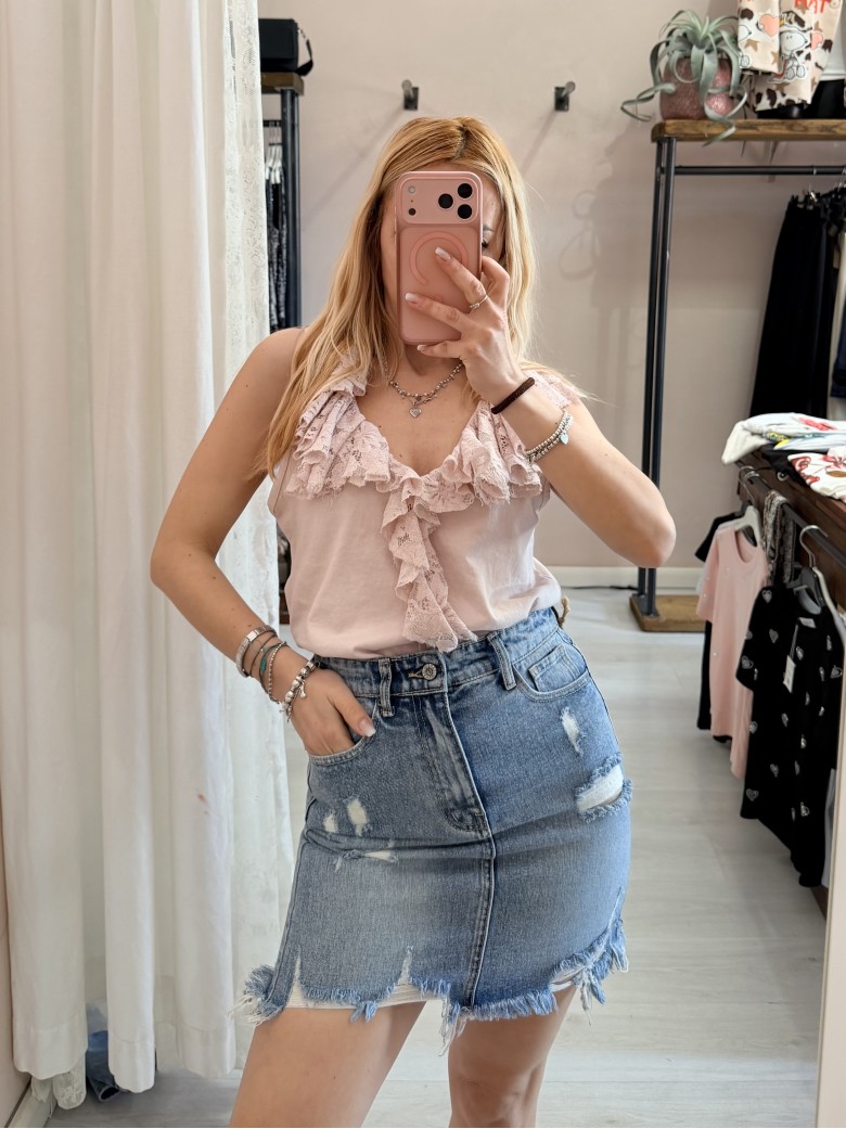 Maglia scollo con ruches in pizzo rosa