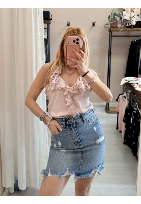 Maglia scollo con ruches in pizzo rosa