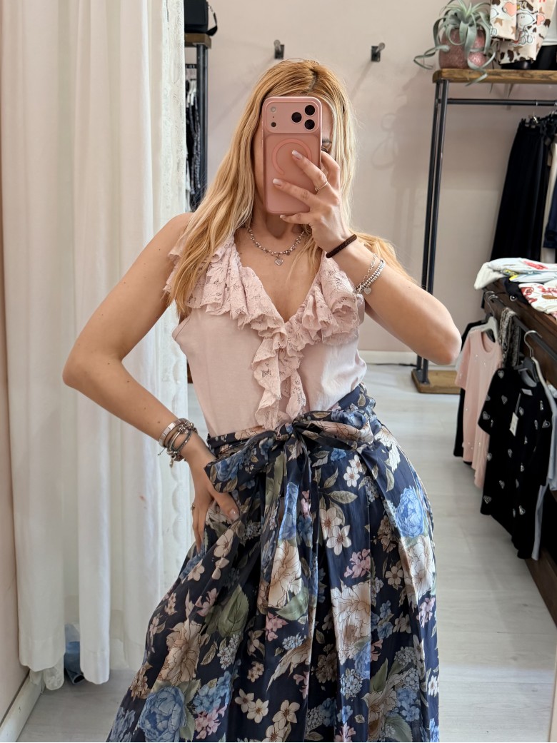 Maglia scollo con ruches in pizzo rosa