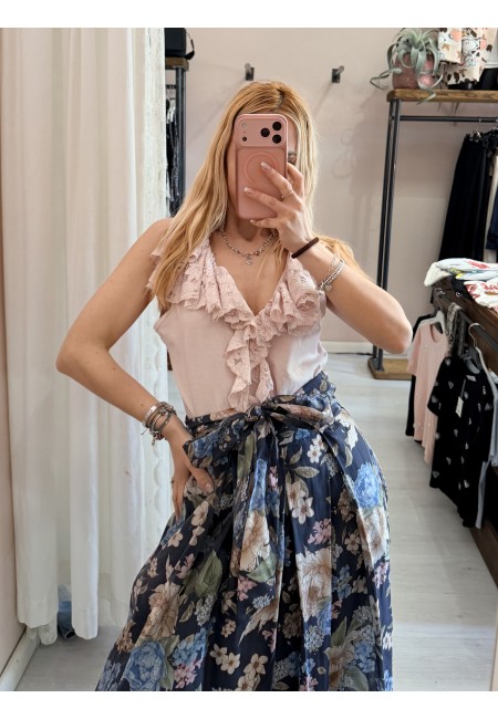 Maglia scollo con ruches in pizzo rosa