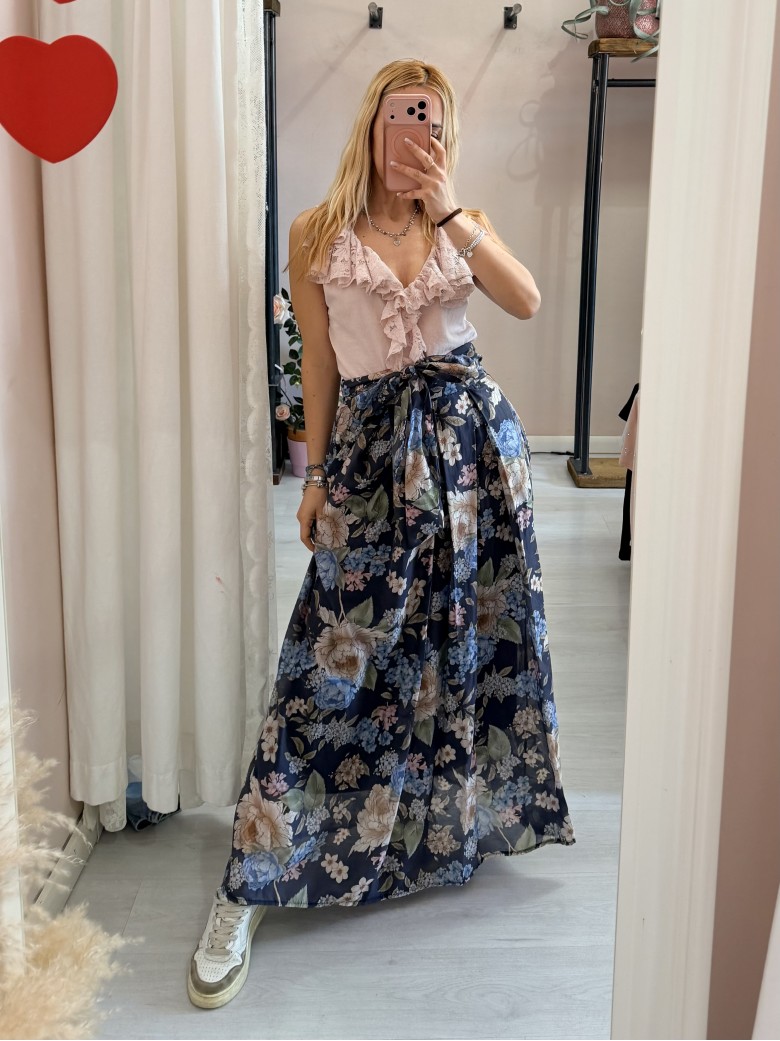 Maglia scollo con ruches in pizzo rosa