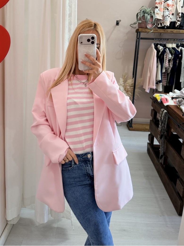 Maglia lisa 2.0 a righe rosa e bianca